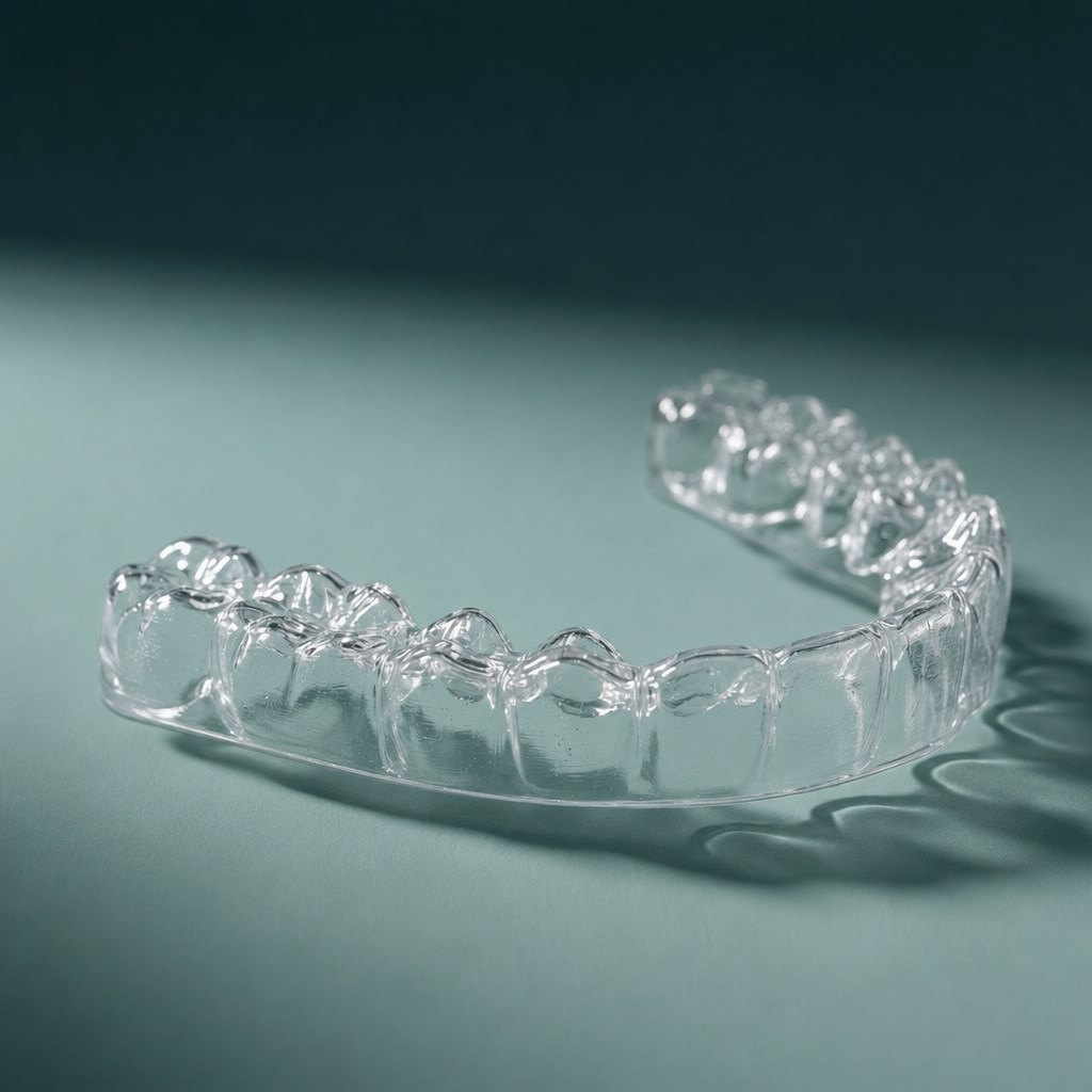 Clear orthodontic retainer made by Montecalvo Orthodontic Lab