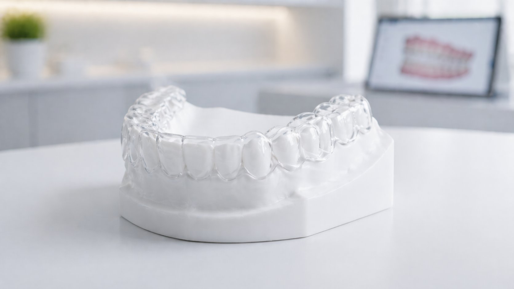Finished Essix retainer on a dental model, ready for patient delivery