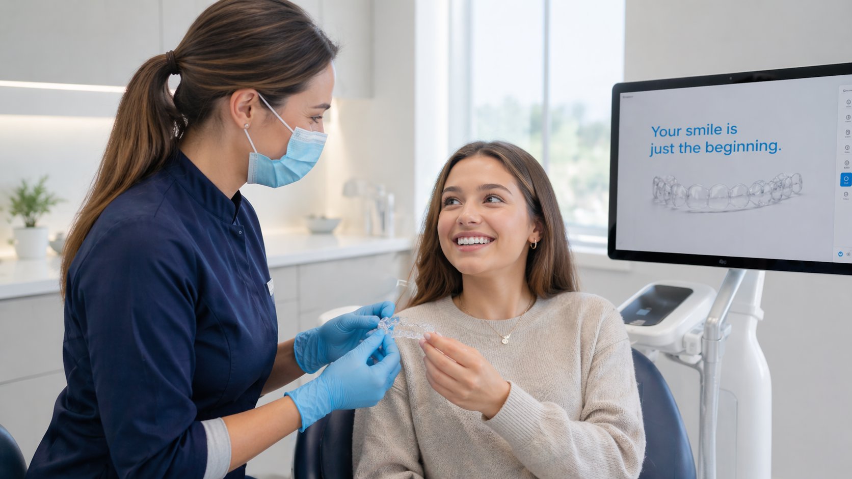 Dental professional handing a finished clear retainer to a smiling patient