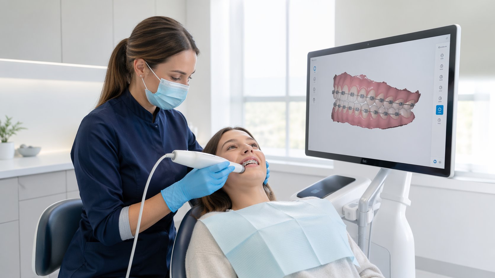 Orthodontist scanning a patient with braces using a digital intraoral scanner